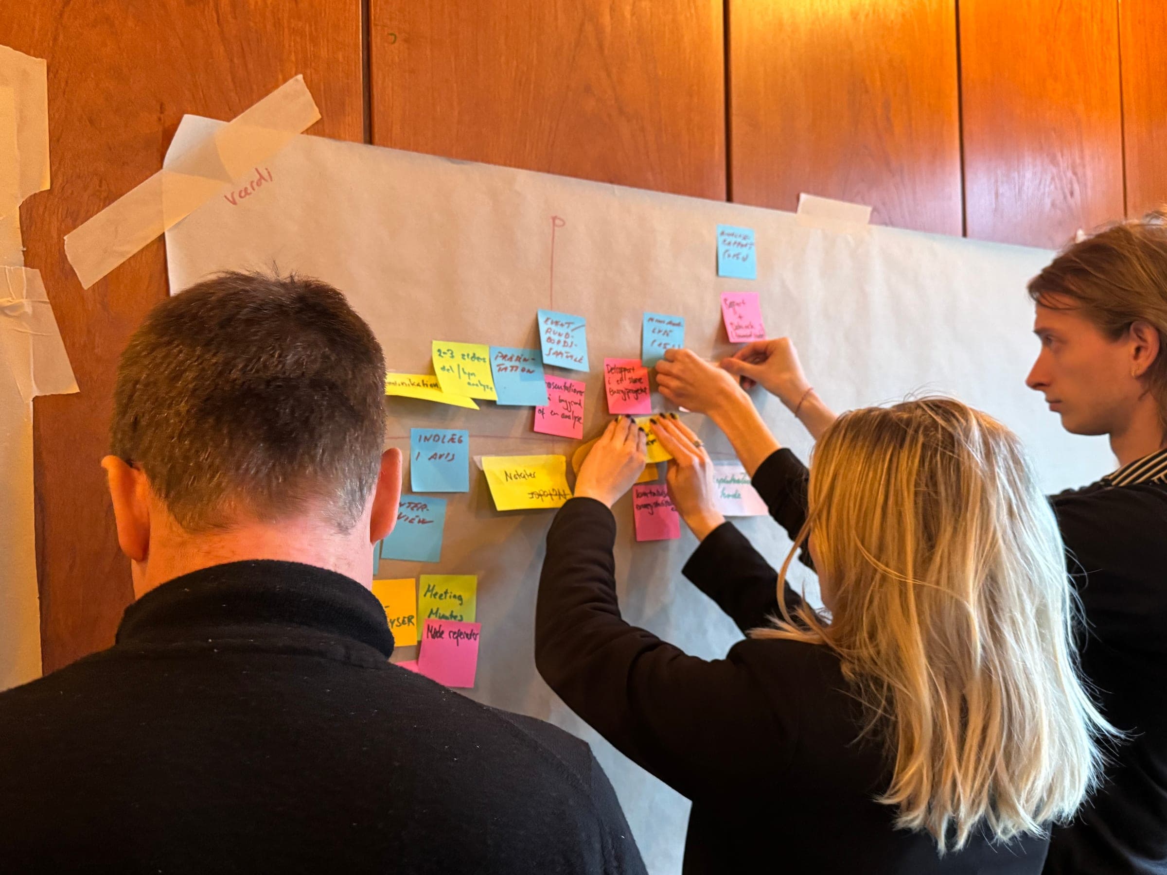 A wall covered in handwritten sticky notes, mapping out an operating model during a working session.