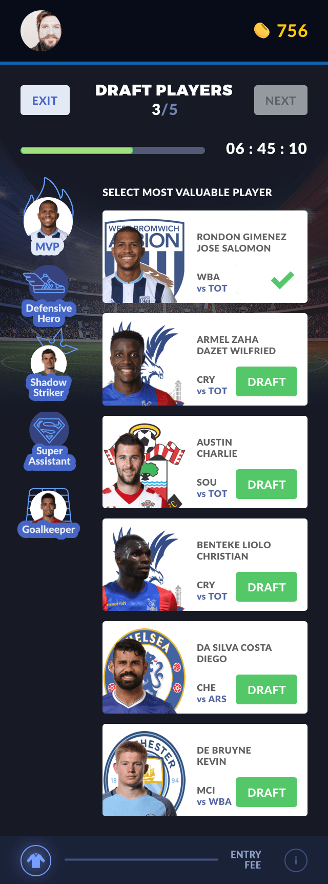 GSEG draft player selection screen on mobile: 'Draft Players 3/5' with Premier League player cards (Rondon Gimenez Jose Salomon, Armel Zaha Dazet Wilfried, Austin Charlie, Benteke Liolo Christian, Da Silva Costa Diego, De Bruyne Kevin), MVP and role badges in the left rail, countdown timer 06:45:10, draft buttons.