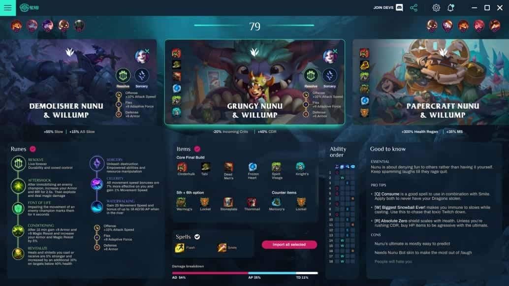 Nemo champion comparison view: three Nunu & Willump skin variants side-by-side with rune set, item build, ability order grid, and a Good-to-know panel of pro tips.
