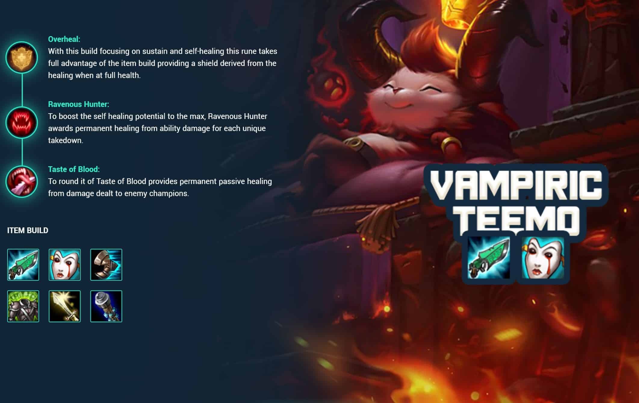 Nemo's in-app build advisor for a champion called Teemo, showing Overheal, Ravenous Hunter, and Taste of Blood runes with explanations, plus a six-item build grid, branded as Vampiric Teemo.