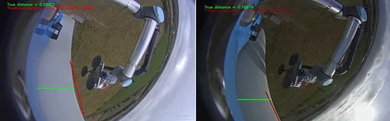 Two side-by-side fisheye camera views from the rig, each annotated with a measured true distance to the blade edge and a model-predicted distance overlaid in red and green.